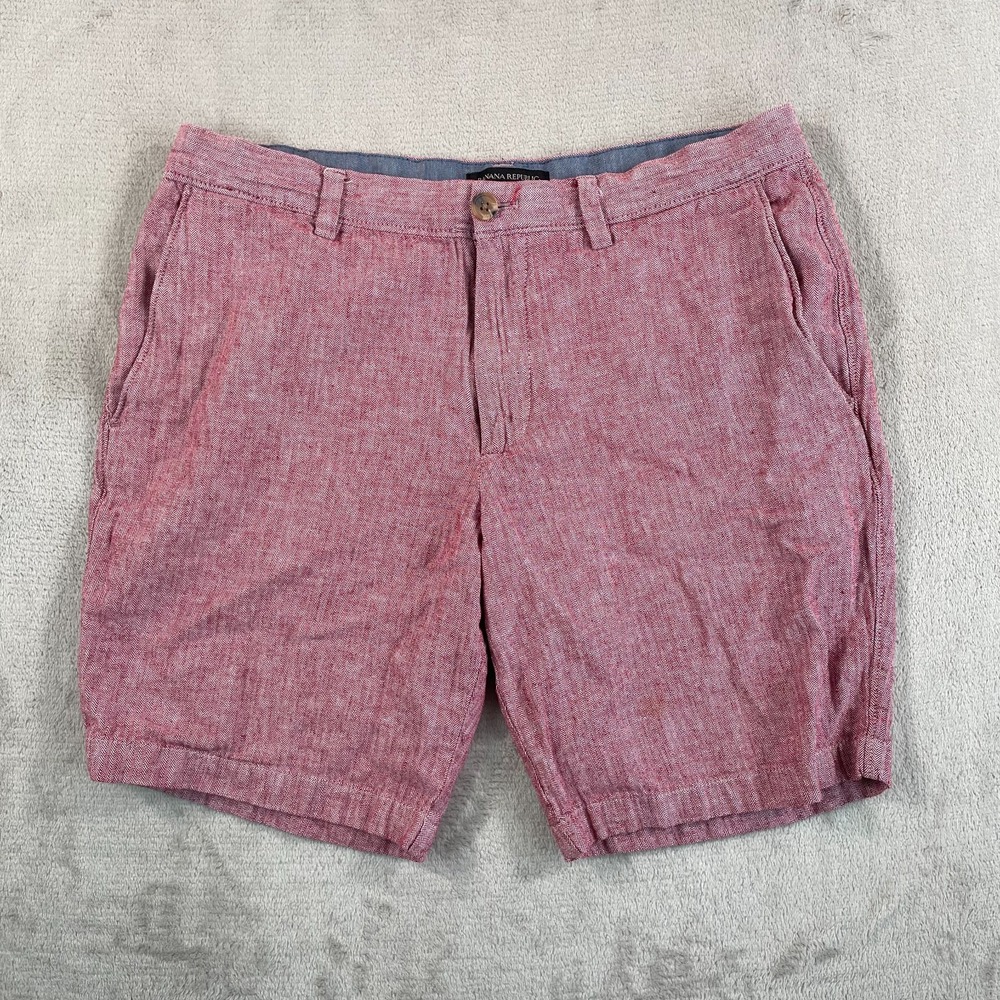 Banana‎ Republic Aiden Shorts Mens 33 Red Flat Front Chino Cotton Linen Blend
